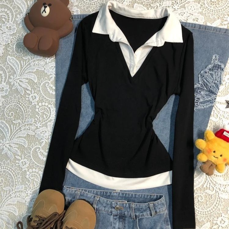 Medvilniniai marškinėliai su blokų raštu, polo apykaklė, ilgomis rankovėmis, įprastas kirpimas, ruduo 2025