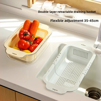 Coș extensibil pentru drenaj pentru spălarea legumelor și fructelor — Material PP, drenaj și depozitare, organizator pentru chiuvetă