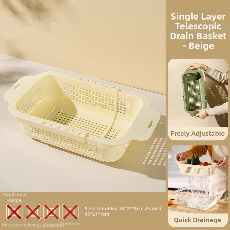 Coș extensibil pentru drenaj pentru spălarea legumelor și fructelor — Material PP, drenaj și depozitare, organizator pentru chiuvetă