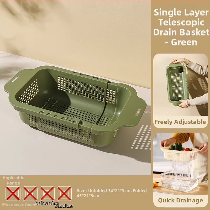 Coș extensibil pentru drenaj pentru spălarea legumelor și fructelor — Material PP, drenaj și depozitare, organizator pentru chiuvetă