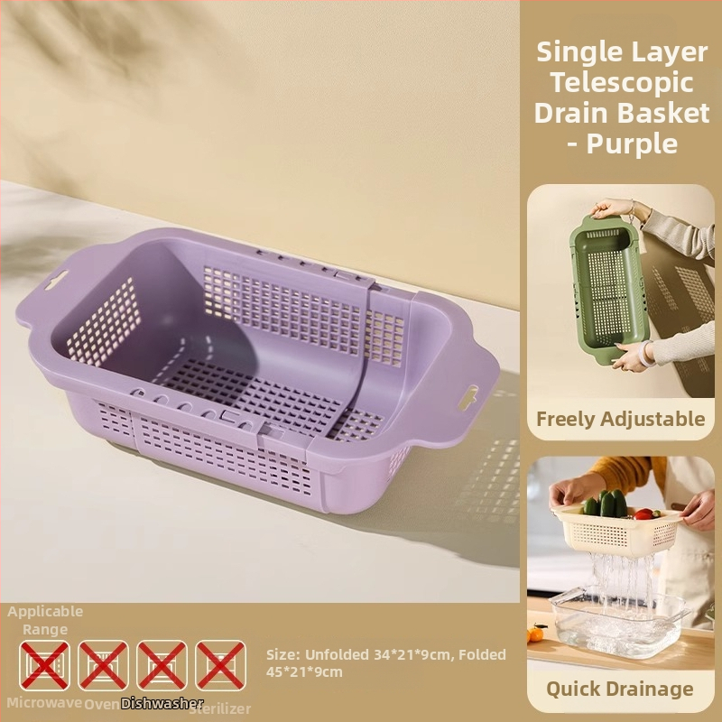 Coș extensibil pentru drenaj pentru spălarea legumelor și fructelor — Material PP, drenaj și depozitare, organizator pentru chiuvetă