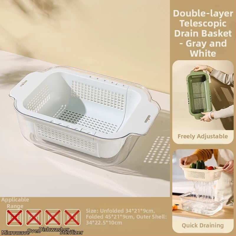 Coș extensibil pentru drenaj pentru spălarea legumelor și fructelor — Material PP, drenaj și depozitare, organizator pentru chiuvetă