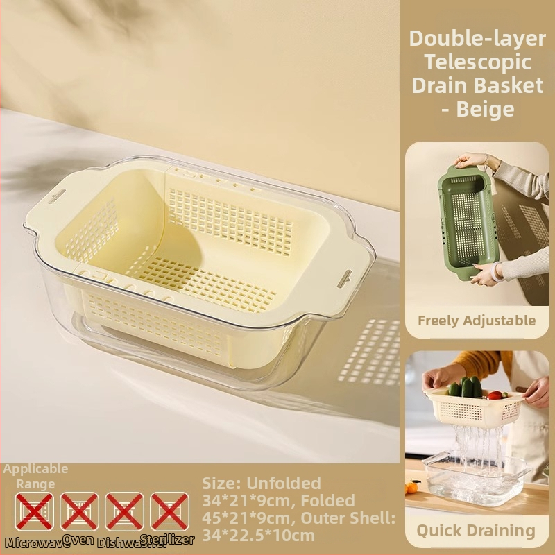 Coș extensibil pentru drenaj pentru spălarea legumelor și fructelor — Material PP, drenaj și depozitare, organizator pentru chiuvetă