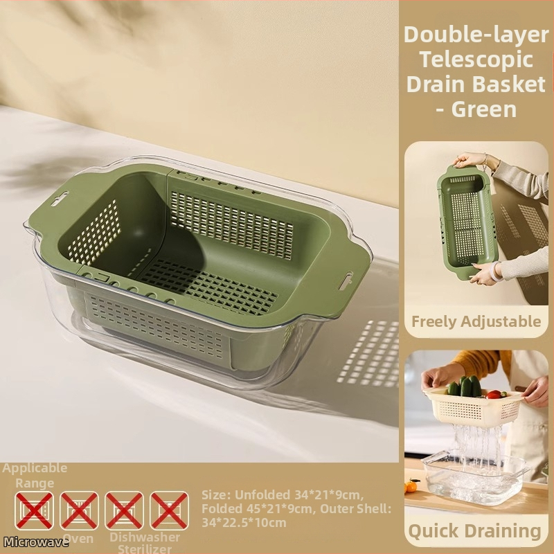 Coș extensibil pentru drenaj pentru spălarea legumelor și fructelor — Material PP, drenaj și depozitare, organizator pentru chiuvetă