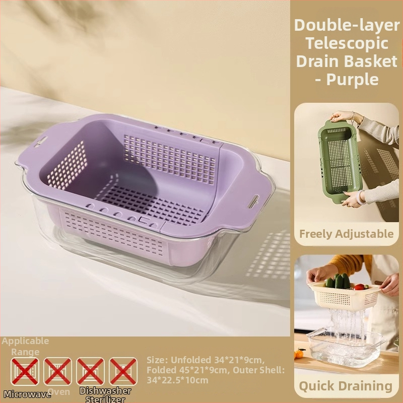 Coș extensibil pentru drenaj pentru spălarea legumelor și fructelor — Material PP, drenaj și depozitare, organizator pentru chiuvetă