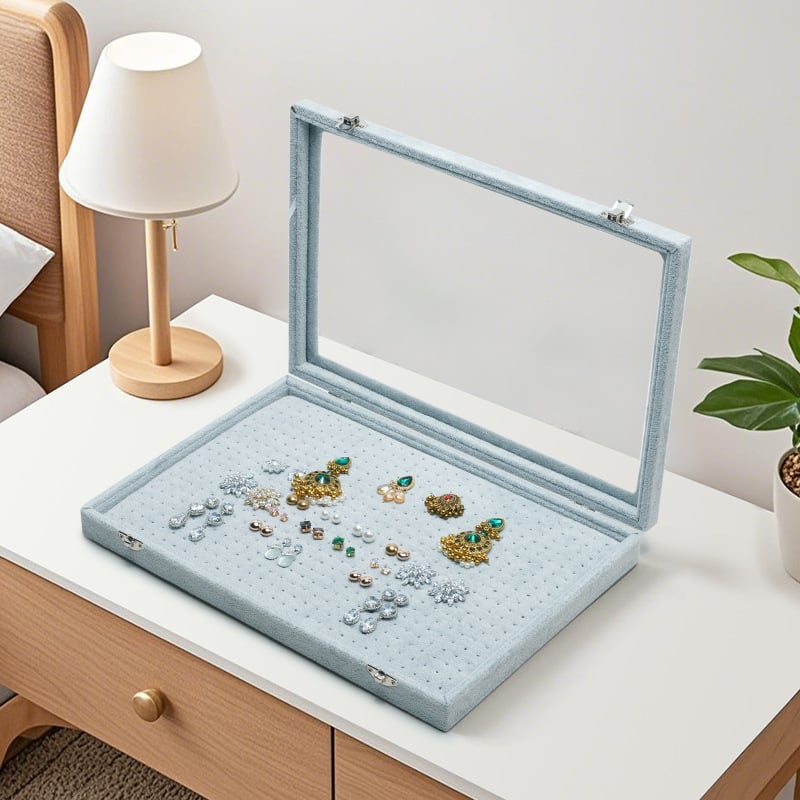 Koka juvelierizstrāžu uzglabāšanas trauks auskarām, 600 caurumu, putekļu aizsargs vāciņš