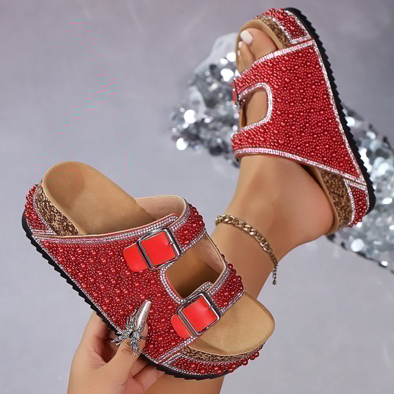 Moteriški kamštiniai sandalai su stora padas, dirželio sagtis, perlų kristalai, PU viršus, guminė pada