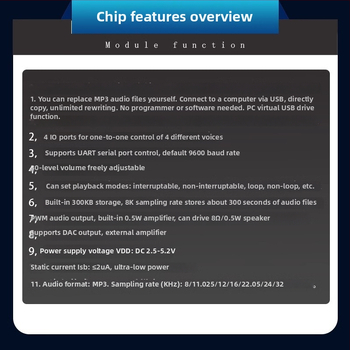 CH7800 balso modulis su USB sąsaja, serijinės jungties valdymas, 100V maitinimas, išorinio stiprintuvo palaikymas, MP3 garso atkūrimas