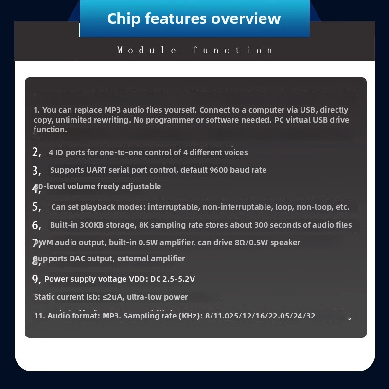 CH7800 balso modulis su USB sąsaja, serijinės jungties valdymas, 100V maitinimas, išorinio stiprintuvo palaikymas, MP3 garso atkūrimas