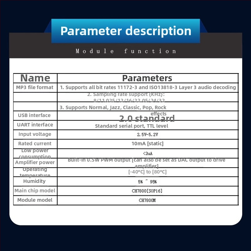 CH7800 balso modulis su USB sąsaja, serijinės jungties valdymas, 100V maitinimas, išorinio stiprintuvo palaikymas, MP3 garso atkūrimas