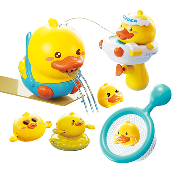 Vannas rotaļlietu komplekts ar pīli — plastmasas ūdens rotaļlietas bērniem; veicina jutīgumu, kognitīvo attīstību un roku- acu koordināciju; piemērots vecumam 4–6 gadiem.