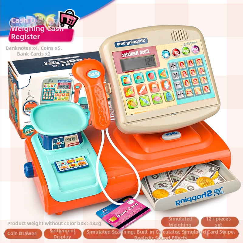Vaikų simuliuota kasa su realiu skaičiavimu, garsu ir šviesa — daugiafunkcinė edukacinė žaislinė kasa 4–6 metų vaikams (Medžiaga: plastikas; Tipas: simuliuota kasa; Savybės: realus skaičiavimas su garsu ir šviesa)