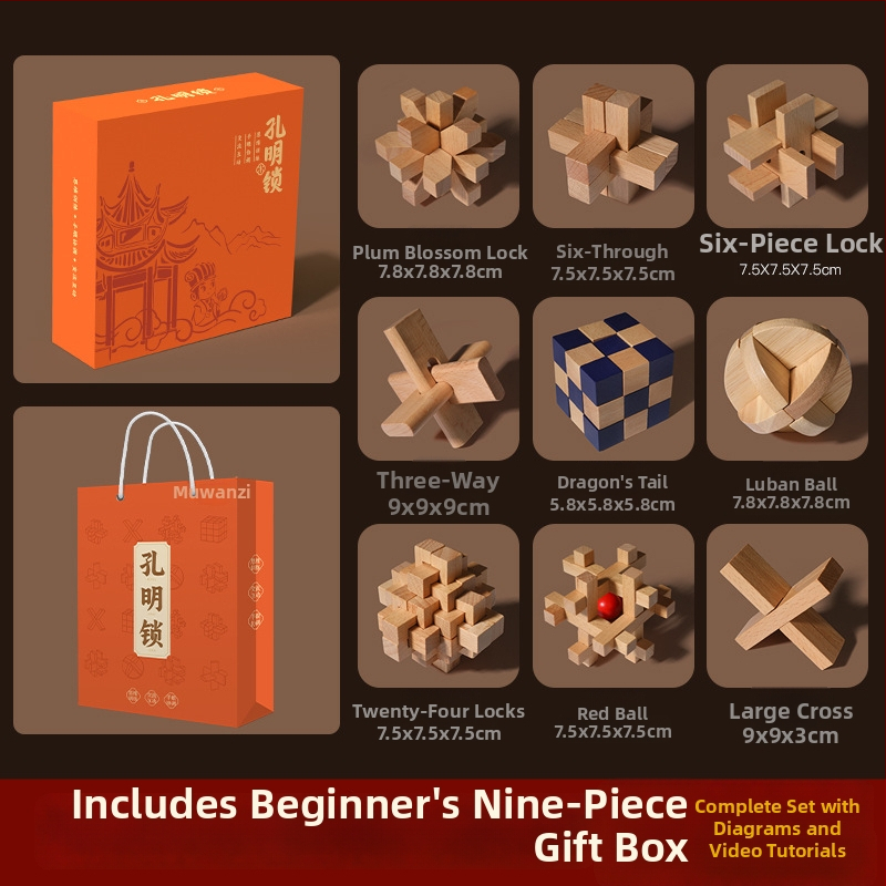 Medinė Kongming Lock/Luban Lock dėlionė – rankų ir proto ugdymui vaikams 4–6 m., OEM logotipo pritaikymas