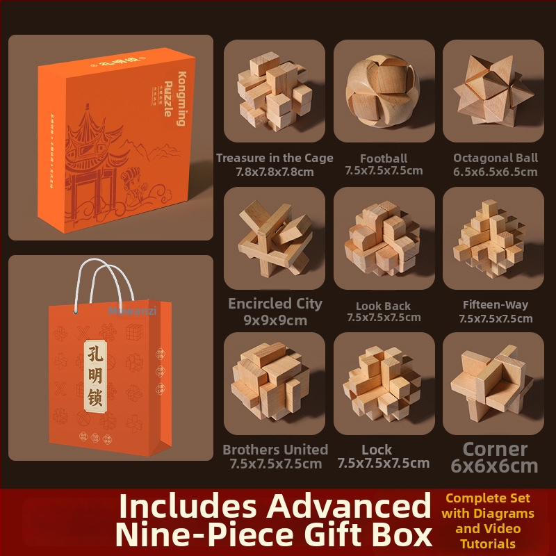 Medinė Kongming Lock/Luban Lock dėlionė – rankų ir proto ugdymui vaikams 4–6 m., OEM logotipo pritaikymas