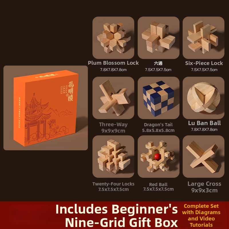 Medinė Kongming Lock/Luban Lock dėlionė – rankų ir proto ugdymui vaikams 4–6 m., OEM logotipo pritaikymas