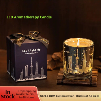 Aromaterapijas svece no sojas vaska, krūzes formā, ar izgriezto orientālo perlī LED gaismu un logotipu