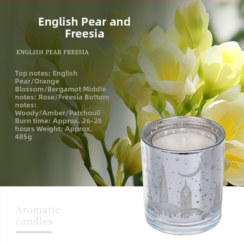 Aromaterapijas svece no sojas vaska, krūzes formā, ar izgriezto orientālo perlī LED gaismu un logotipu