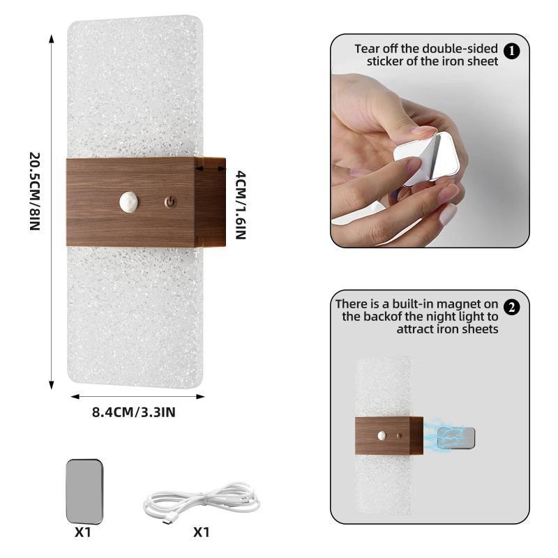 LED τοίχικο νυχτερινό φως με αισθητήρα κίνησης, επαναφορτιζόμενη ενσωματωμένη μπαταρία, ασύρματο, ακρυλικό κάλυμμα