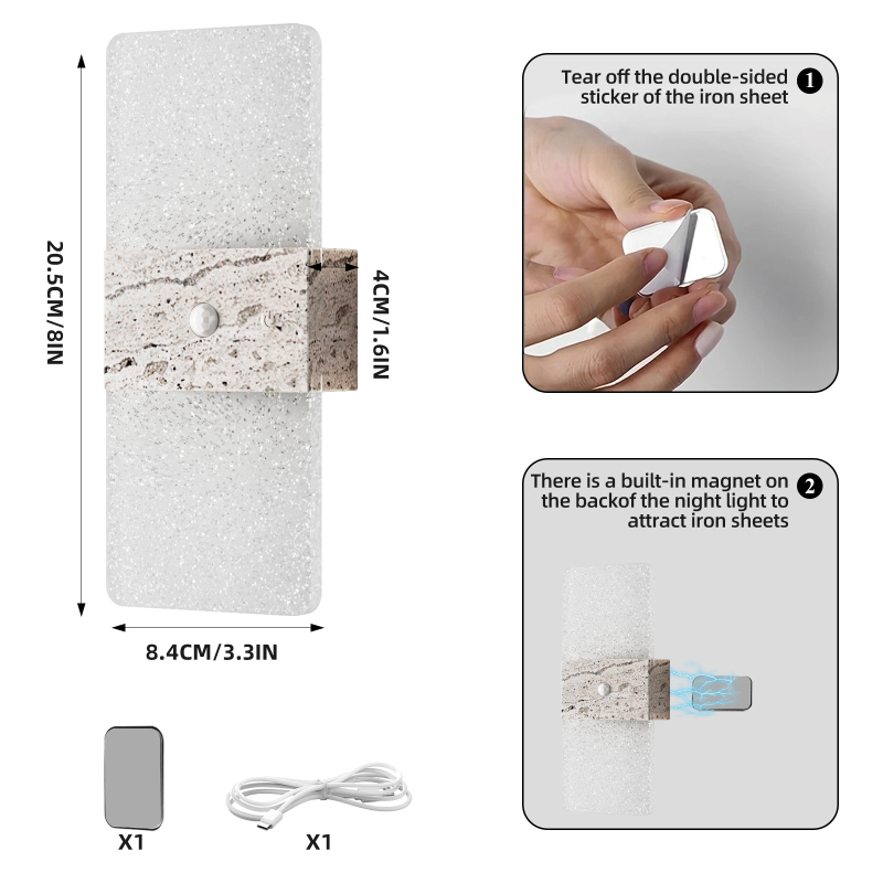 LED τοίχικο νυχτερινό φως με αισθητήρα κίνησης, επαναφορτιζόμενη ενσωματωμένη μπαταρία, ασύρματο, ακρυλικό κάλυμμα