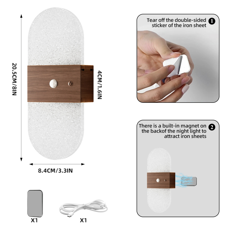 LED τοίχικο νυχτερινό φως με αισθητήρα κίνησης, επαναφορτιζόμενη ενσωματωμένη μπαταρία, ασύρματο, ακρυλικό κάλυμμα