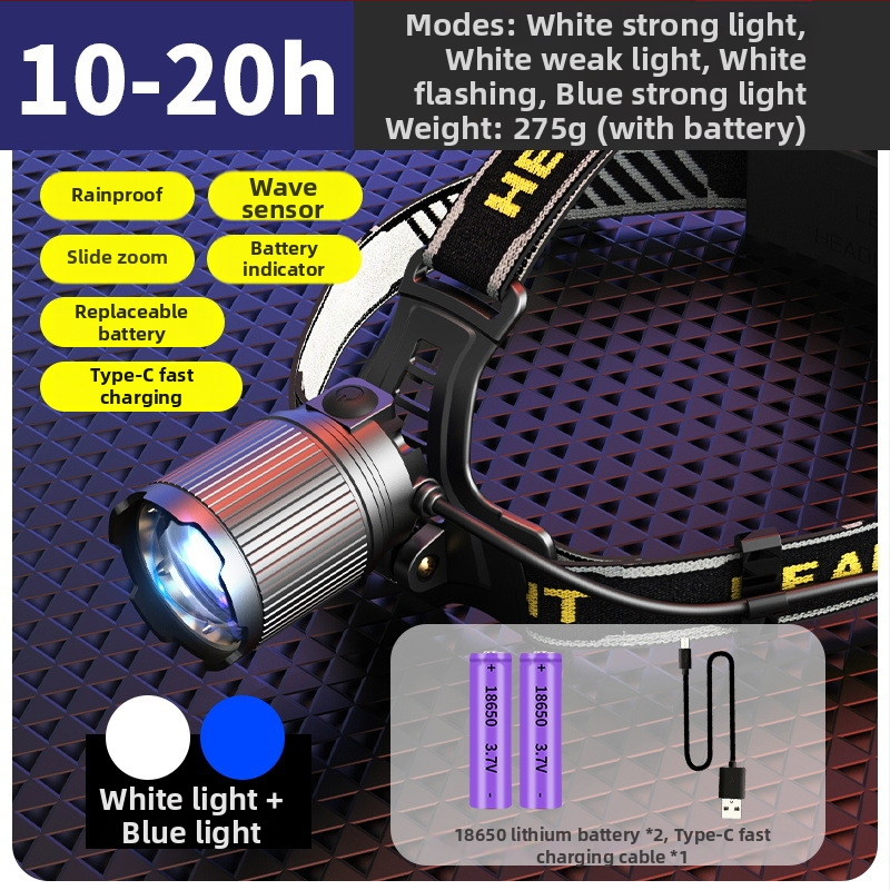 Galvos žibintas LED su dviem šviesos šaltiniais, jutiklinis aktyvavimas, priartinimas, 360° pasukimas, įkraunamas