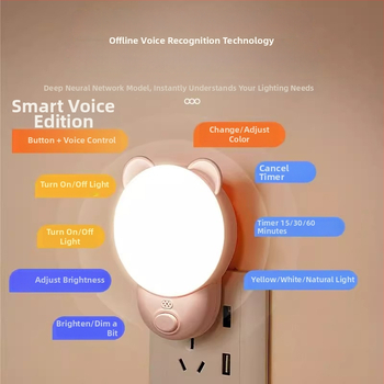Naktinė lempa su išmaniu balsų valdymu miegamajam (ABS gaubtas, 220V, maitinimas iš kištukinės, išmanusis valdymas)
