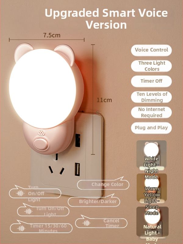 Naktinė lempa su išmaniu balsų valdymu miegamajam (ABS gaubtas, 220V, maitinimas iš kištukinės, išmanusis valdymas)