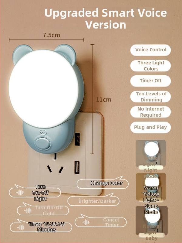 Naktinė lempa su išmaniu balsų valdymu miegamajam (ABS gaubtas, 220V, maitinimas iš kištukinės, išmanusis valdymas)