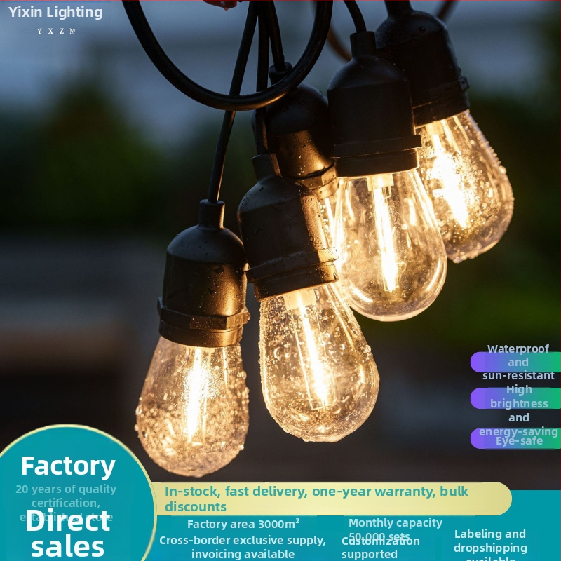 S14 marquee lauko šviestinių girliandų rinkinys kempingui, 10W, saulės ir DC maitinimas, IP67, nuotolinis valdymas