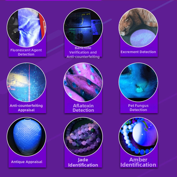 Įkraunama UV Wood's lemputė 365 nm su LED šviesa fluorescencijos aptikimui, aliuminio lydinio korpusas, 800 mAh baterija, įkroviklis įtrauktas