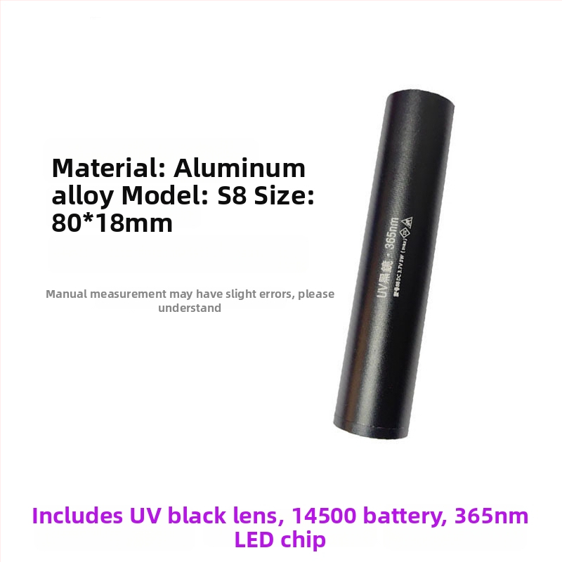 Įkraunama UV Wood's lemputė 365 nm su LED šviesa fluorescencijos aptikimui, aliuminio lydinio korpusas, 800 mAh baterija, įkroviklis įtrauktas