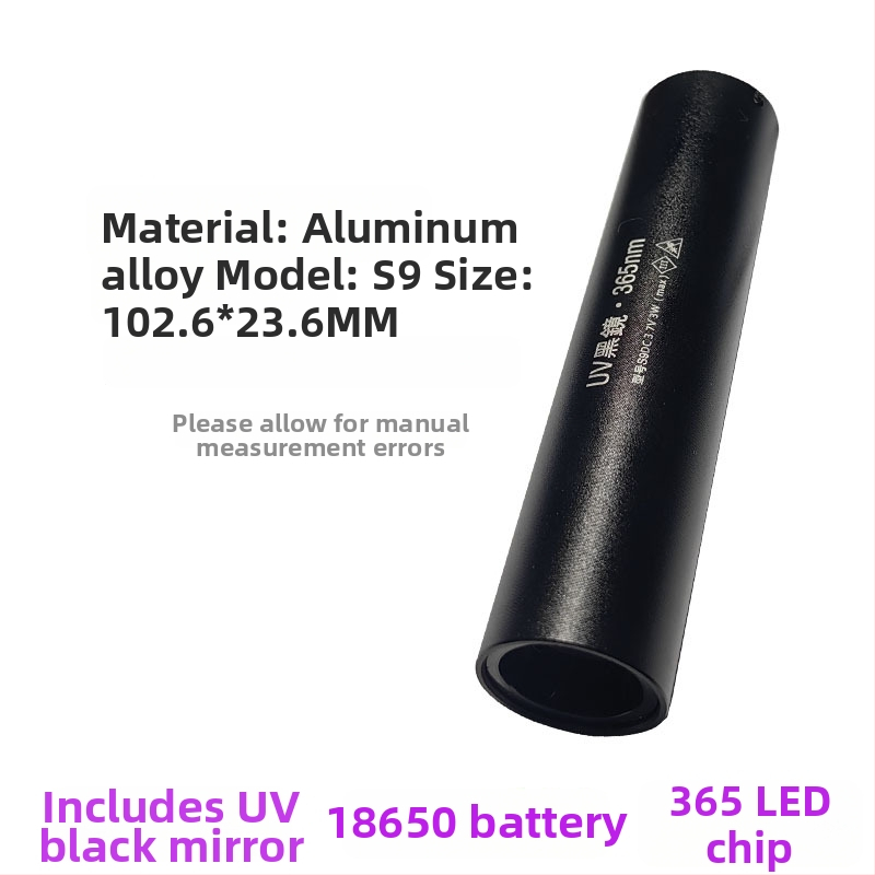 Įkraunama UV Wood's lemputė 365 nm su LED šviesa fluorescencijos aptikimui, aliuminio lydinio korpusas, 800 mAh baterija, įkroviklis įtrauktas