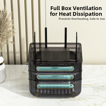 Routerio saugyklos dėžutė – 3 aukštų stalinis organizatorius maršrutizatoriui, modemiui ir set‑top dėžei, dulkių atsparus, plastikas, be montavimo ir gręžimo, šviesos prabangos stilius