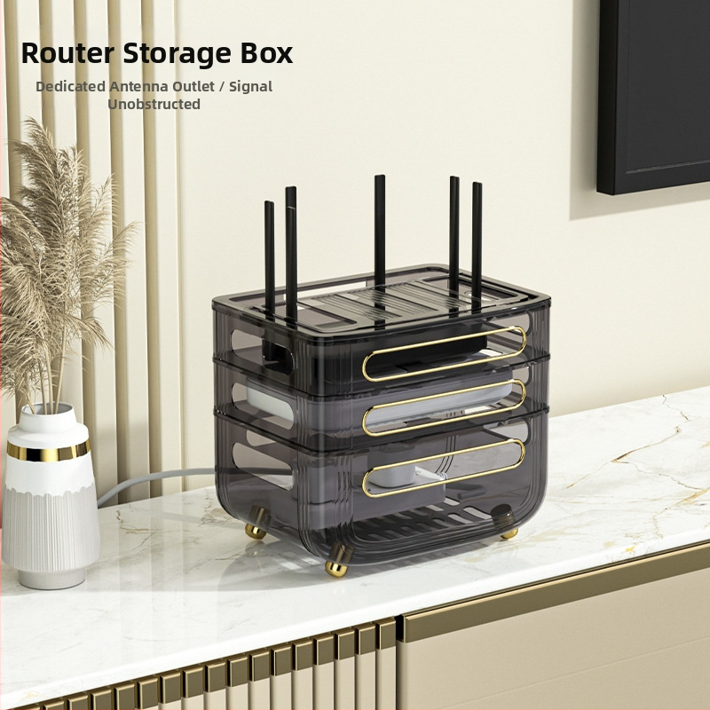 Routerio saugyklos dėžutė – 3 aukštų stalinis organizatorius maršrutizatoriui, modemiui ir set‑top dėžei, dulkių atsparus, plastikas, be montavimo ir gręžimo, šviesos prabangos stilius