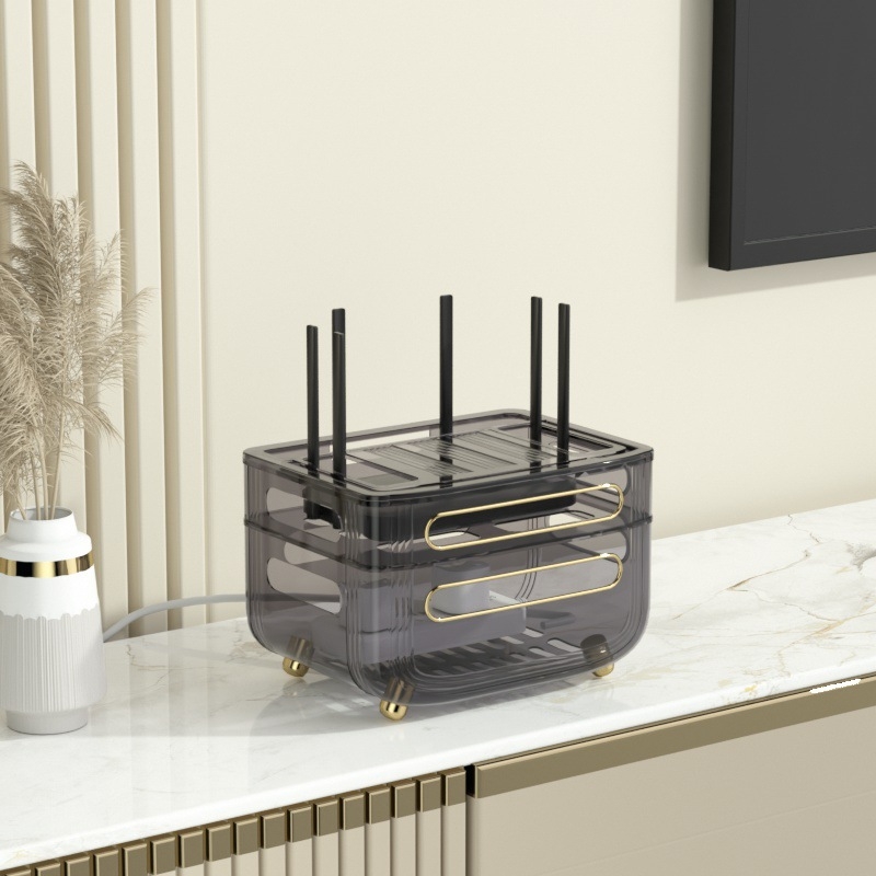 Routerio saugyklos dėžutė – 3 aukštų stalinis organizatorius maršrutizatoriui, modemiui ir set‑top dėžei, dulkių atsparus, plastikas, be montavimo ir gręžimo, šviesos prabangos stilius