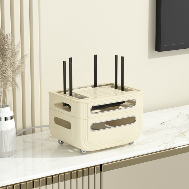 Routerio saugyklos dėžutė – 3 aukštų stalinis organizatorius maršrutizatoriui, modemiui ir set‑top dėžei, dulkių atsparus, plastikas, be montavimo ir gręžimo, šviesos prabangos stilius