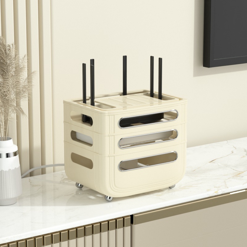 Routerio saugyklos dėžutė – 3 aukštų stalinis organizatorius maršrutizatoriui, modemiui ir set‑top dėžei, dulkių atsparus, plastikas, be montavimo ir gręžimo, šviesos prabangos stilius