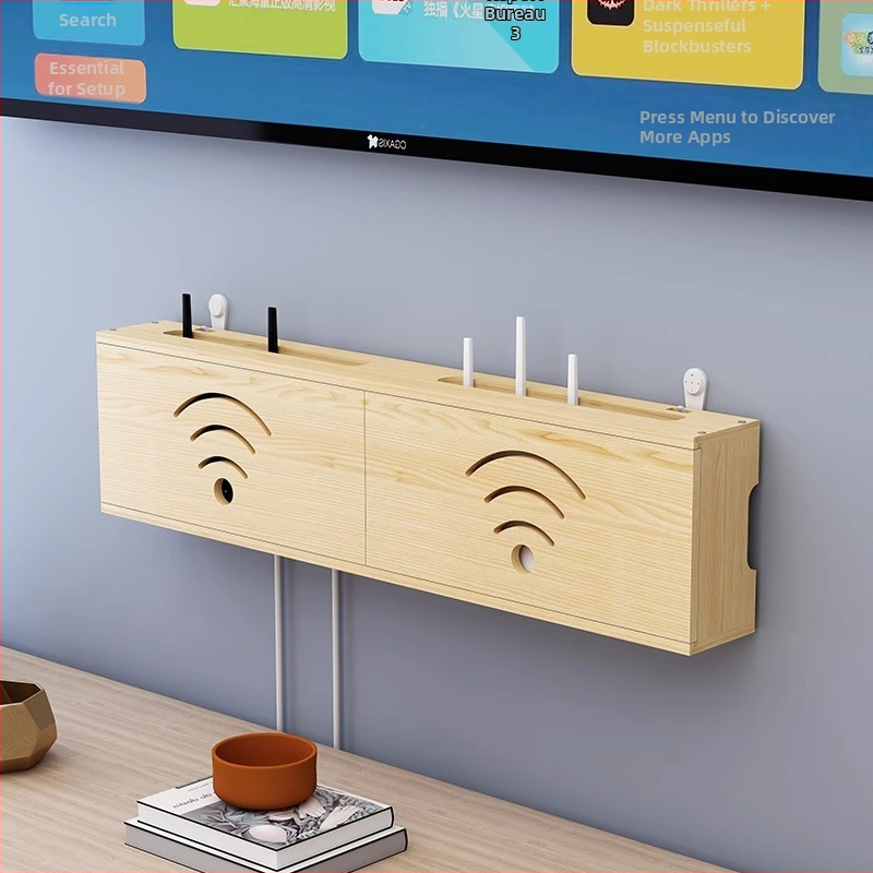 Medinis laikiklis WiFi maršrutizatoriui ir TV dėžei | be gręžimo, 1 sluoksnis, svetainės organizavimui