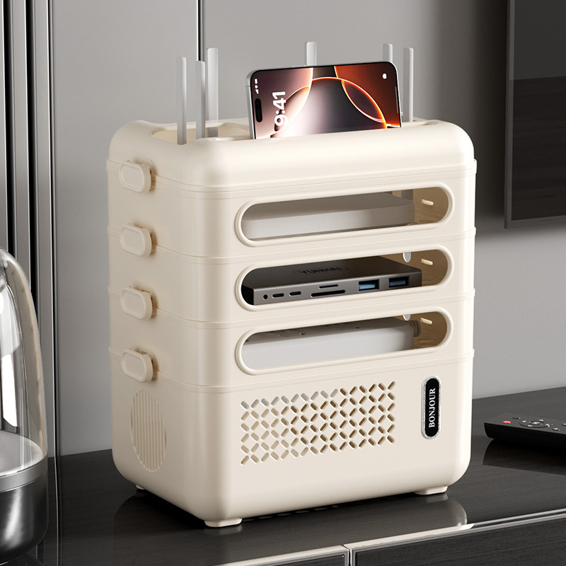 Stalo laikymo lentyna – plastikinė, 4 sluoksniai, stalinis montavimas, modernus minimalistinis stilius, organizavimui