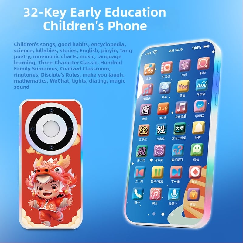 Töltést igénylő érintéses játéktelefon babáknak – elektronikus oktató eszköz felvétellel és zenével; műanyag test; lítium akkumulátor; kor 0-3 év