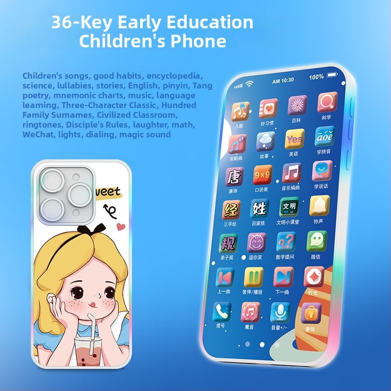 Töltést igénylő érintéses játéktelefon babáknak – elektronikus oktató eszköz felvétellel és zenével; műanyag test; lítium akkumulátor; kor 0-3 év