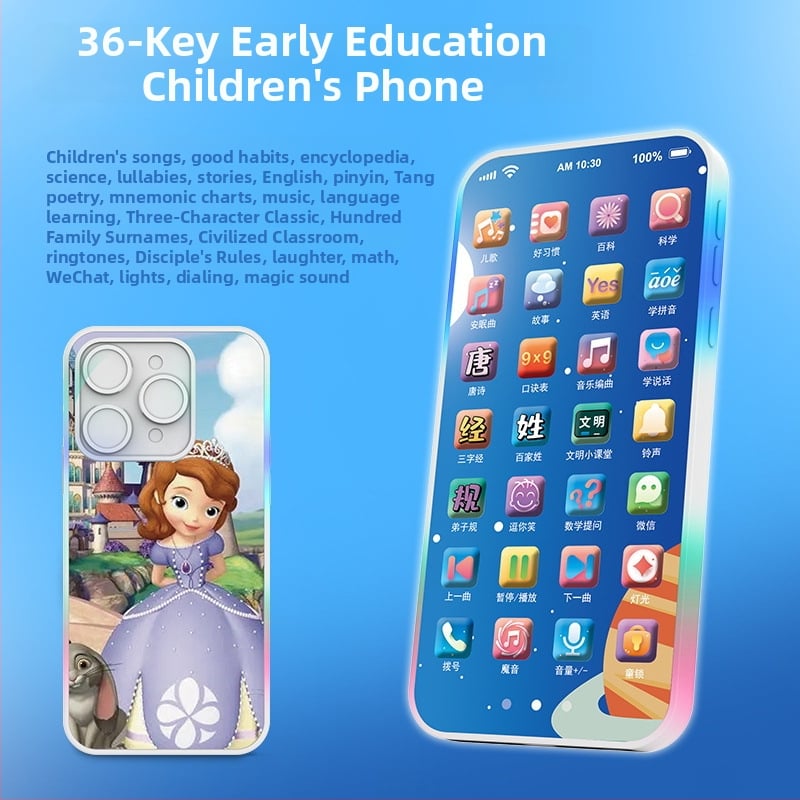 Töltést igénylő érintéses játéktelefon babáknak – elektronikus oktató eszköz felvétellel és zenével; műanyag test; lítium akkumulátor; kor 0-3 év