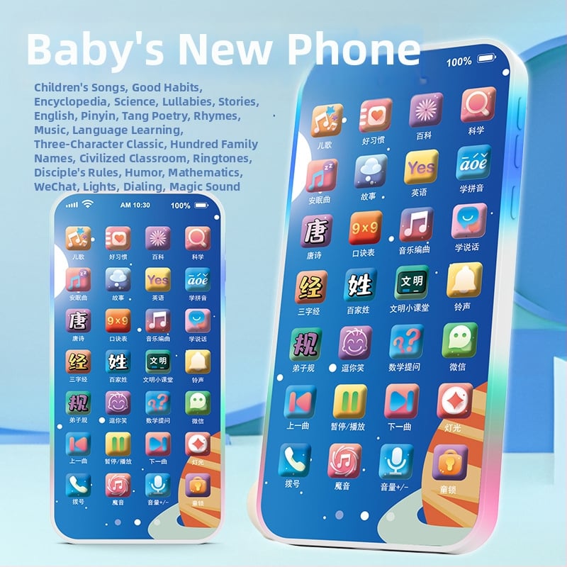 Töltést igénylő érintéses játéktelefon babáknak – elektronikus oktató eszköz felvétellel és zenével; műanyag test; lítium akkumulátor; kor 0-3 év