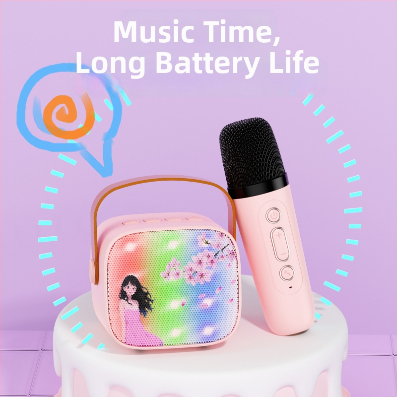 Bluetooth karaoke mikrofons skaļrunis ar iebūvētu akumulatoru, 5W jauda, Bluetooth 5.3, 100 Hz–20 kHz frekvenču diapazons, SNR ≥70 dB