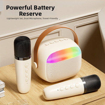 Vaikams skirtas Bluetooth karaoke garsiakalbis su mikrofonu, kompakti bevielis garsiakalbis, Bluetooth 5.3, 5W, dažnis 100 Hz–20 kHz, įmontuota baterija 800–1000 mAh, veikimo atstumas 5 m