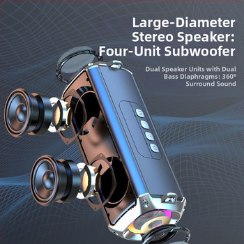 Bluetooth stereo garsiakalbis su dviems draiveriais, galingas bosas; 10W galia, Bluetooth 5.3, 1000-1200mAh baterija, IPX3 atsparumas vandeniui, dažnio diapazonas 100Hz-20kHz