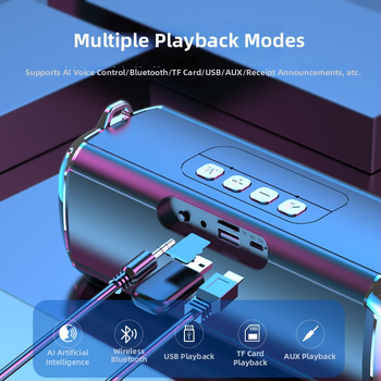 Bluetooth stereo garsiakalbis su dviems draiveriais, galingas bosas; 10W galia, Bluetooth 5.3, 1000-1200mAh baterija, IPX3 atsparumas vandeniui, dažnio diapazonas 100Hz-20kHz