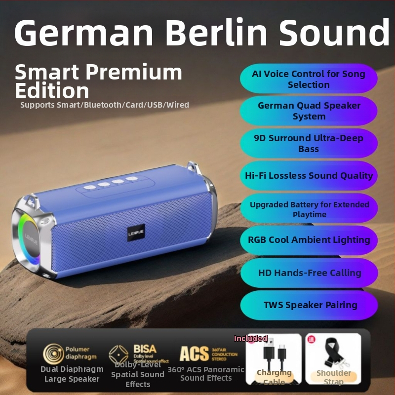 Bluetooth stereo garsiakalbis su dviems draiveriais, galingas bosas; 10W galia, Bluetooth 5.3, 1000-1200mAh baterija, IPX3 atsparumas vandeniui, dažnio diapazonas 100Hz-20kHz