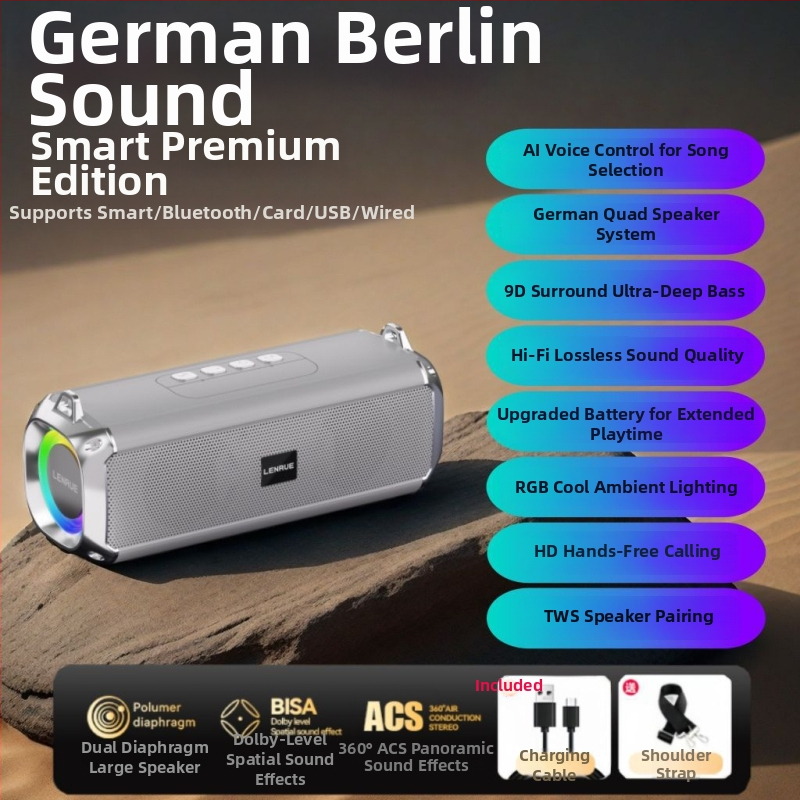 Bluetooth stereo garsiakalbis su dviems draiveriais, galingas bosas; 10W galia, Bluetooth 5.3, 1000-1200mAh baterija, IPX3 atsparumas vandeniui, dažnio diapazonas 100Hz-20kHz