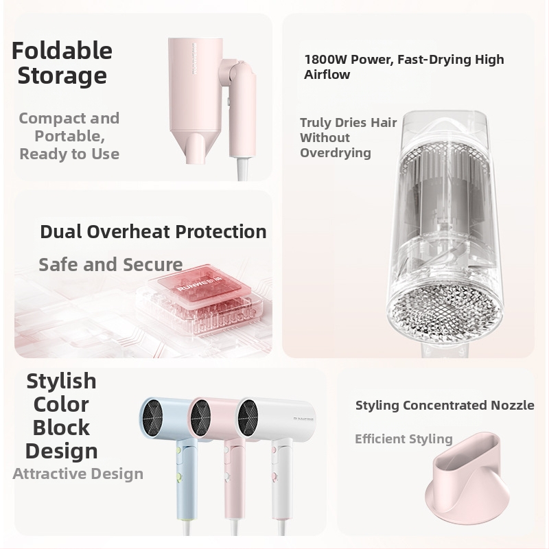 Plaukų džiovintuvas su neigiamaisiais jonais, 1800W, sulankstoma rankena, pasukamas oro antgalis, 220V